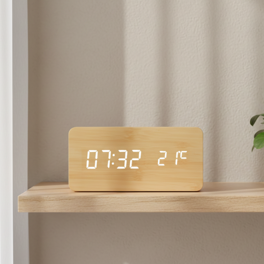 Horloge Numérique LED en Bois avec Température et 3 Alarmes – Niditon