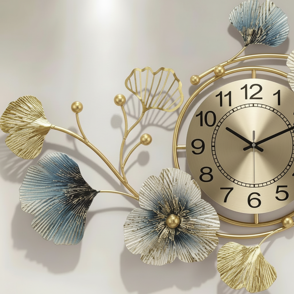 Horloge murale design en métal feuille de ginkgo, analogique et silencieuse - Floria