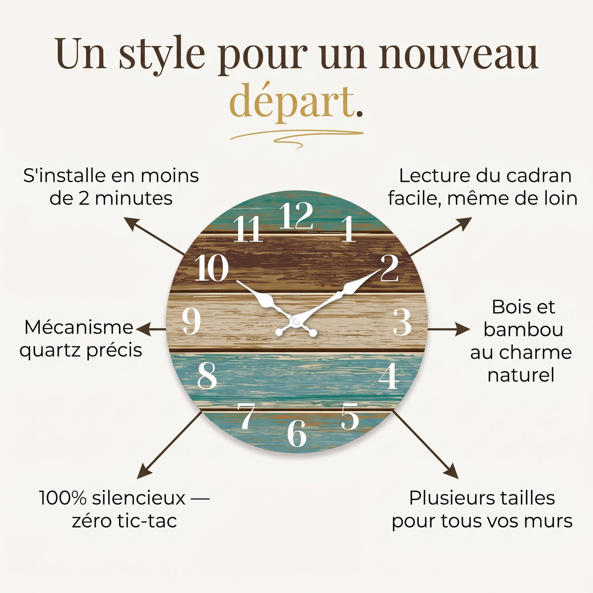 Horloge Murale Originale Silencieuse en Bois, Thème Bord de Mer Bleu et Brun – Côtelia