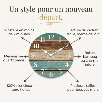 Horloge Murale Originale Silencieuse en Bois, Thème Bord de Mer Bleu et Brun – Côtelia