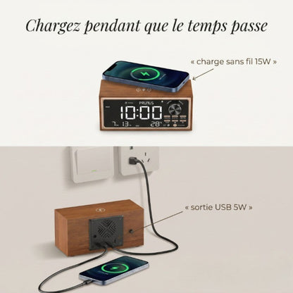 Réveil Radio FM Rétro avec Chargement Sans Fil 15W, Double Alarme – Rétroxa
