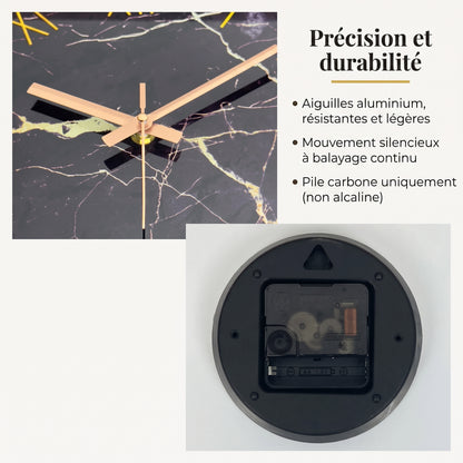 Horloge Murale Design en Verre Trempé Effet Marbre Noir et Or, Silencieuse et Raffinée – Marnova