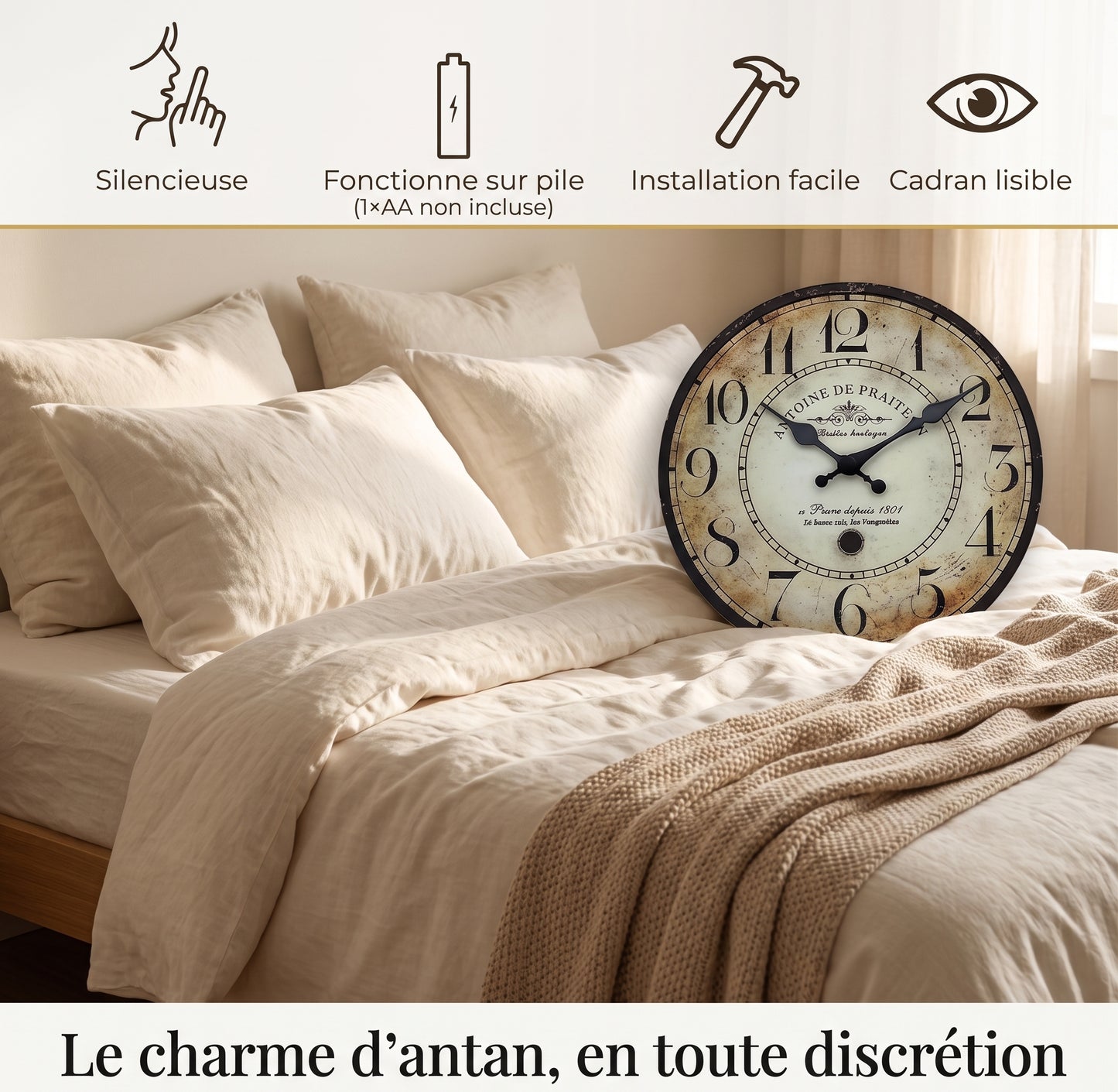 Horloge Murale Vintage Parisienne en Bois et Bambou, Silencieuse et Rétro – Antoine