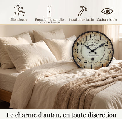 Horloge Murale Vintage Parisienne en Bois et Bambou, Silencieuse et Rétro – Antoine