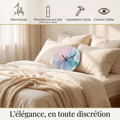Horloge Murale Design en Verre Trempé Effet Marbre, Silencieuse et Moderne – Marelia