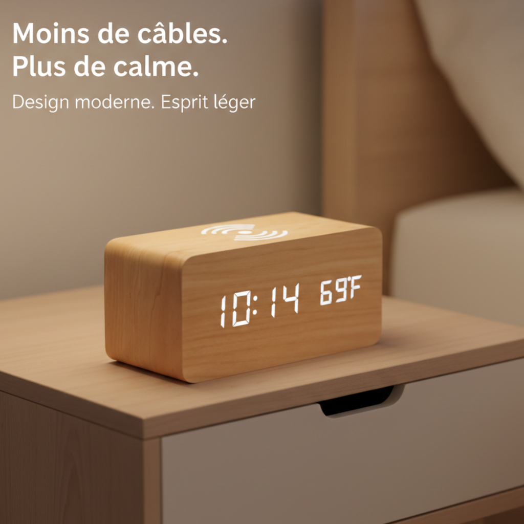 Horloge Numérique en Bois avec Recharge Sans Fil - Chroniva