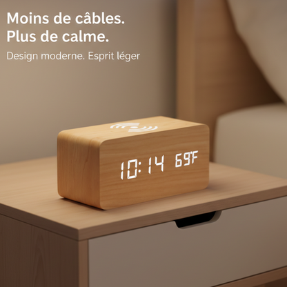 Réveil en Bois avec Recharge Sans Fil et 3 Alarmes – Chroniva