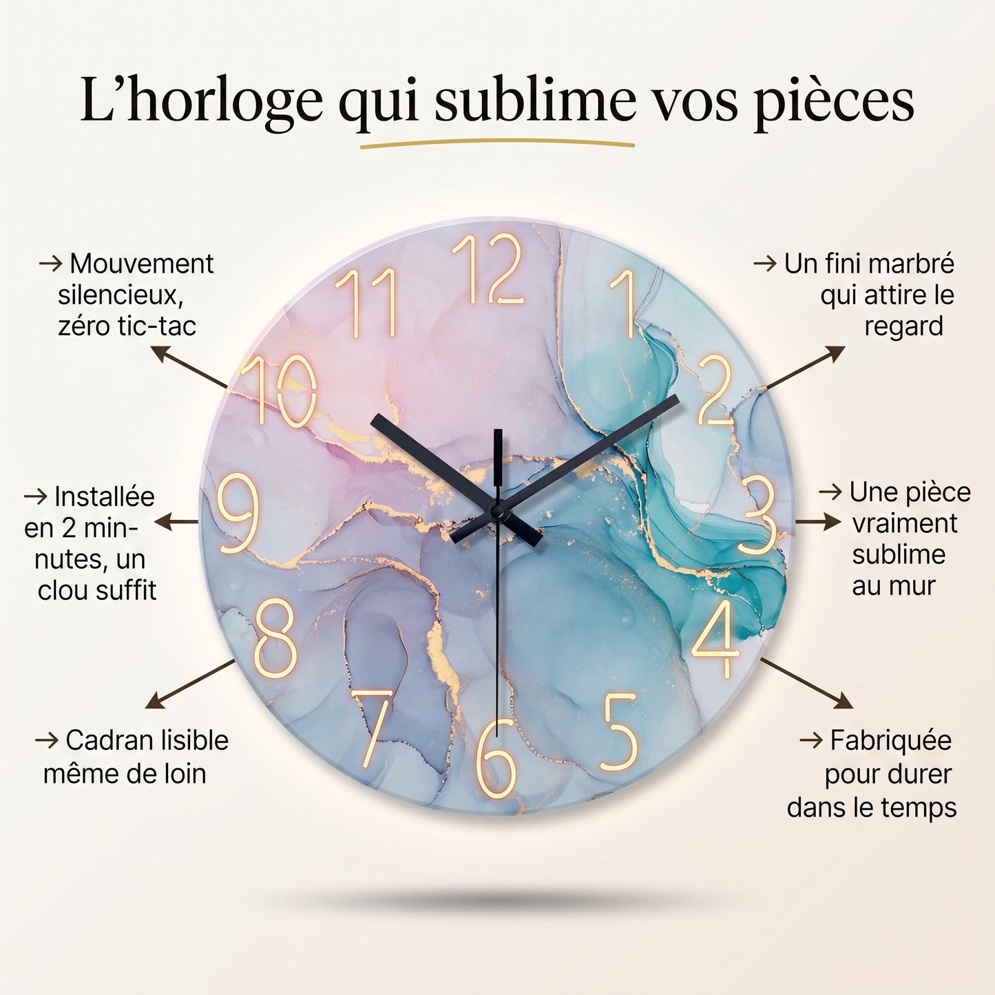 Horloge Murale Design en Verre Trempé Effet Marbre, Silencieuse et Moderne – Marelia