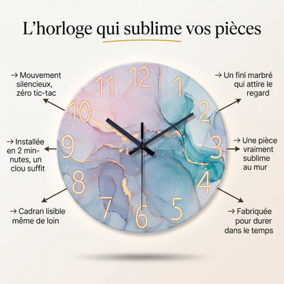 Horloge Murale Design en Verre Trempé Effet Marbre, Silencieuse et Moderne – Marelia