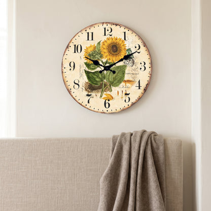 Horloge Murale en Bois, Silencieuse, Motif Tournesols – Héliantha