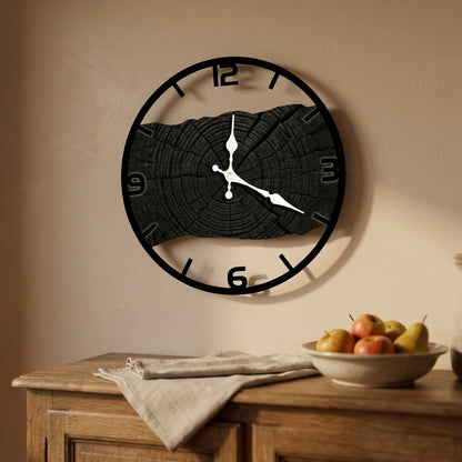 Horloge Murale en Bois Motif Cernes, Silencieuse et Rustique – Cernova