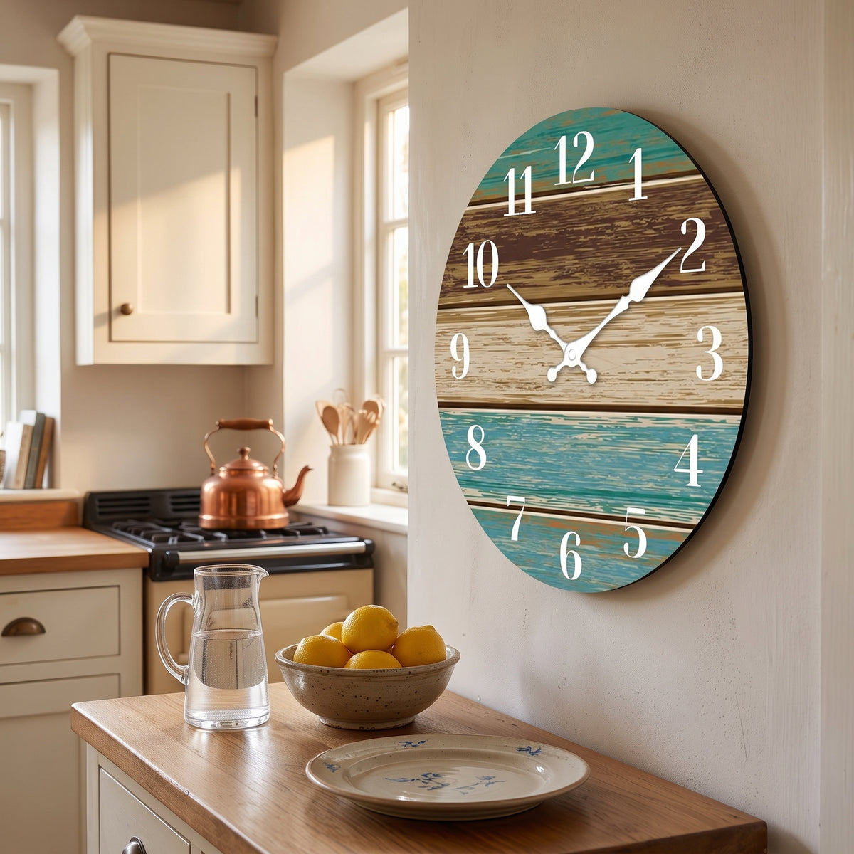 Horloge Murale Originale Silencieuse en Bois, Thème Bord de Mer Bleu et Brun – Côtelia