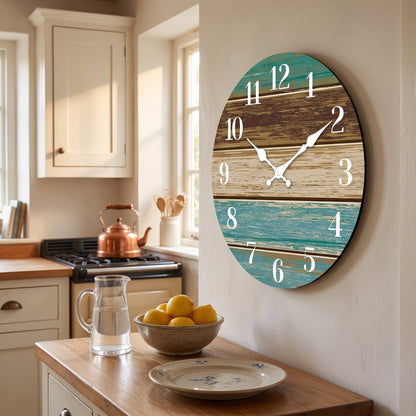 Horloge Murale Originale Silencieuse en Bois, Thème Bord de Mer Bleu et Brun – Côtelia