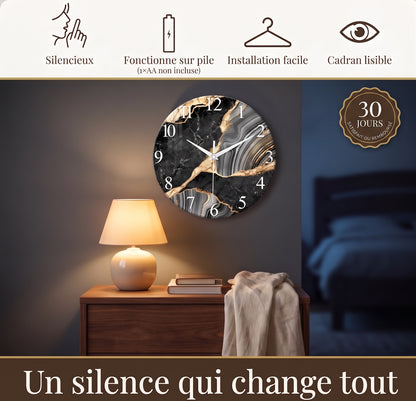 Horloge Murale Design Effet Marbre en Verre Trempé, Silencieuse et Épurée – Marbrix