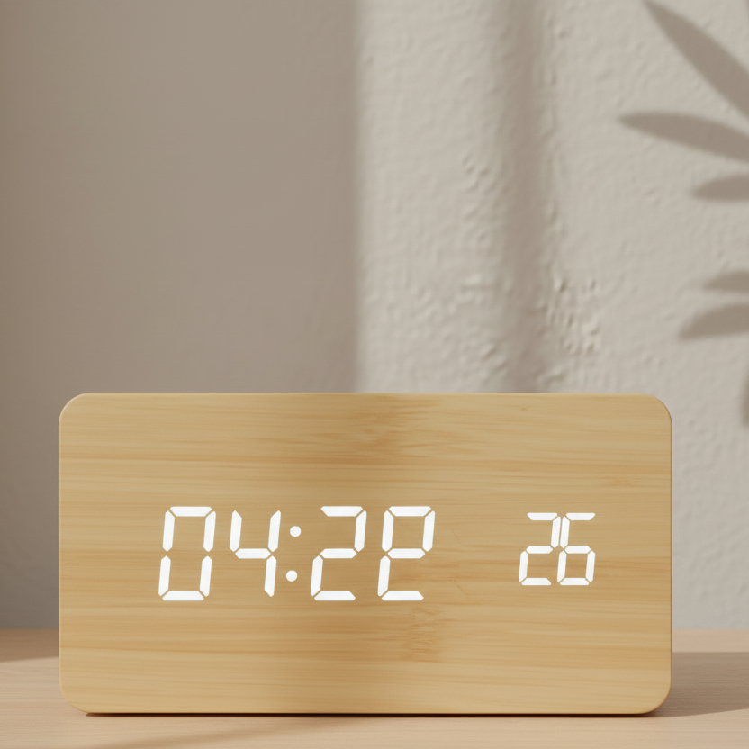 Horloge Numérique LED en Bois avec Température et 3 Alarmes – Niditon