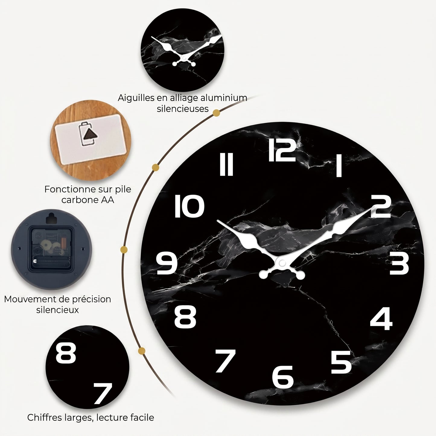 Horloge Murale Design en Bois Effet Marbre Noir, Silencieuse et Épurée – Onyxa