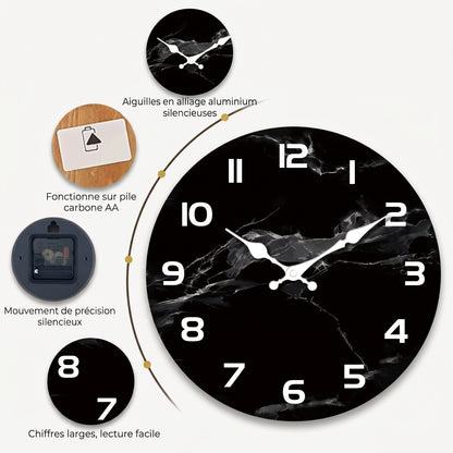 Horloge Murale Design en Bois Effet Marbre Noir, Silencieuse et Épurée – Onyxa