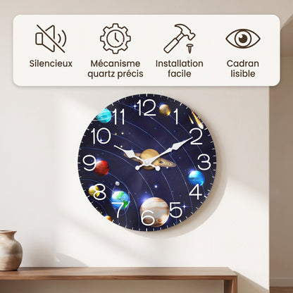 Horloge Murale en Bois Univers et Planètes, Silencieuse et Décorative – Orbéa