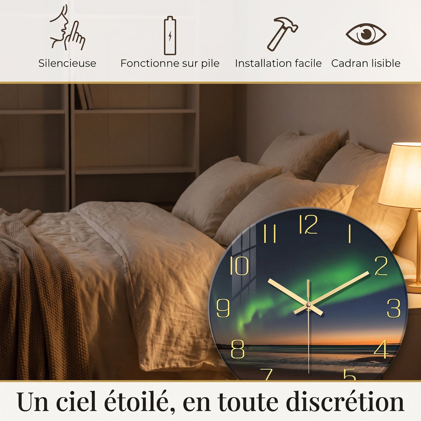 Horloge Murale Originale et Design en Verre Motif Plage et Aurore, Silencieuse et Panoramique – Boréa