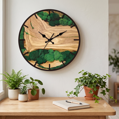 Horloge Murale Design Nature en Résine et Bois avec Mousse, Silencieuse et Unique – Naturova