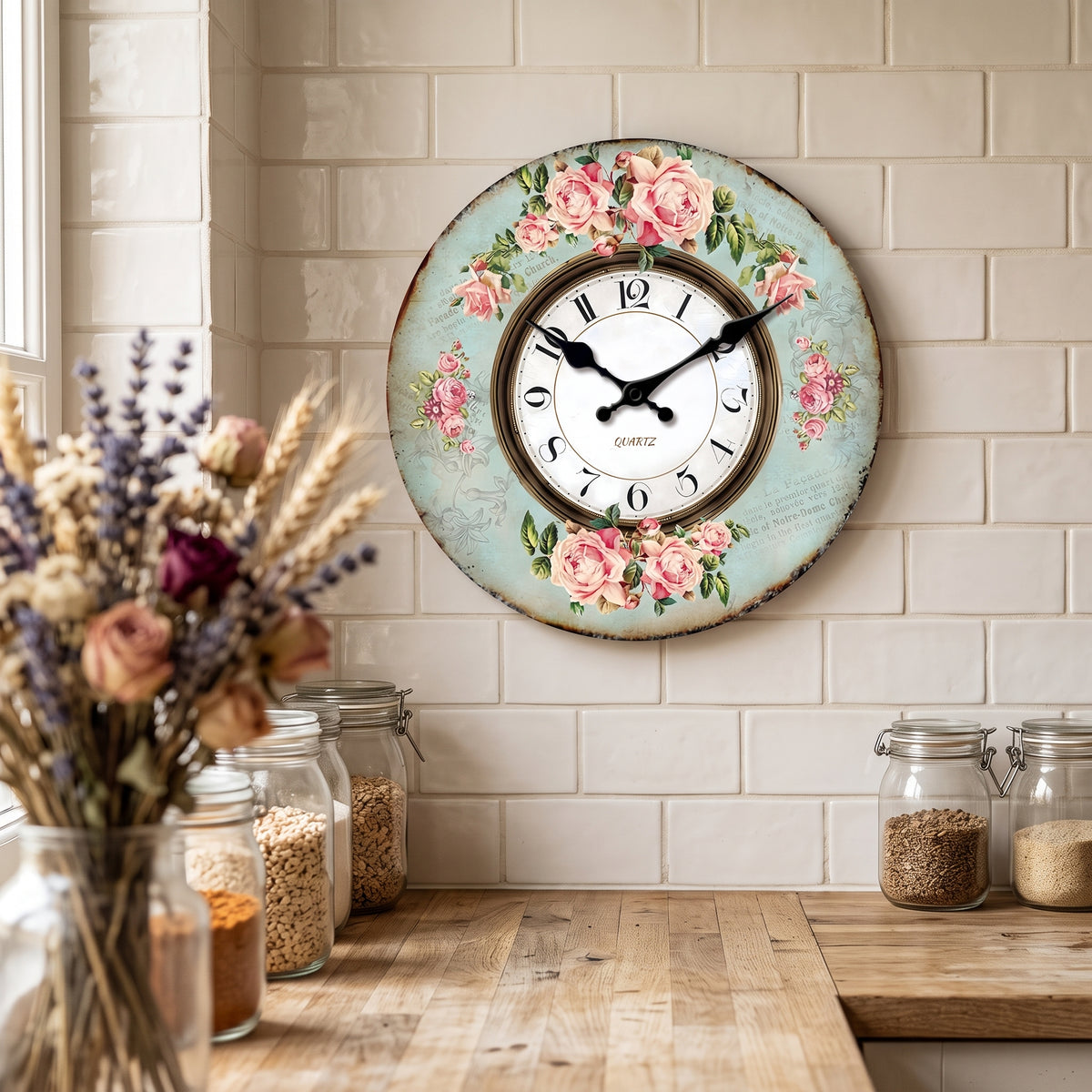 Horloge Vintage Motif Roses en Bois, Silencieuse – Rosalys