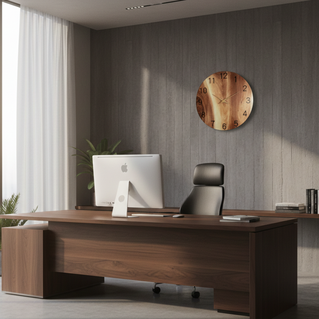 Horloge Murale Design Circulaire en Bois Veiné, Silencieuse et Verre Trempé – Auren