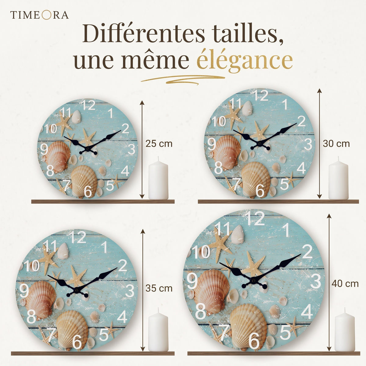 Horloge Murale en Bois Motif Étoiles de Mer, Silencieuse – Coralinne