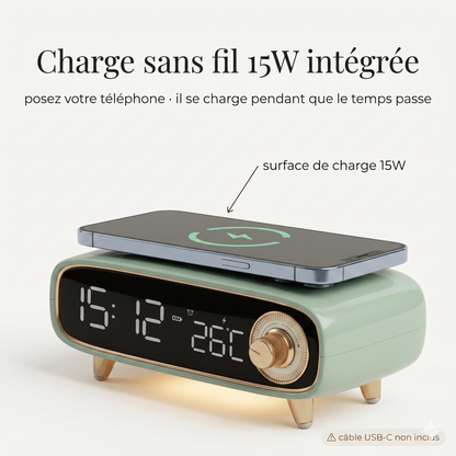 Réveil 6 en 1 avec Enceinte Bluetooth 5.0 et Chargeur Sans Fil 15W – Lumisono