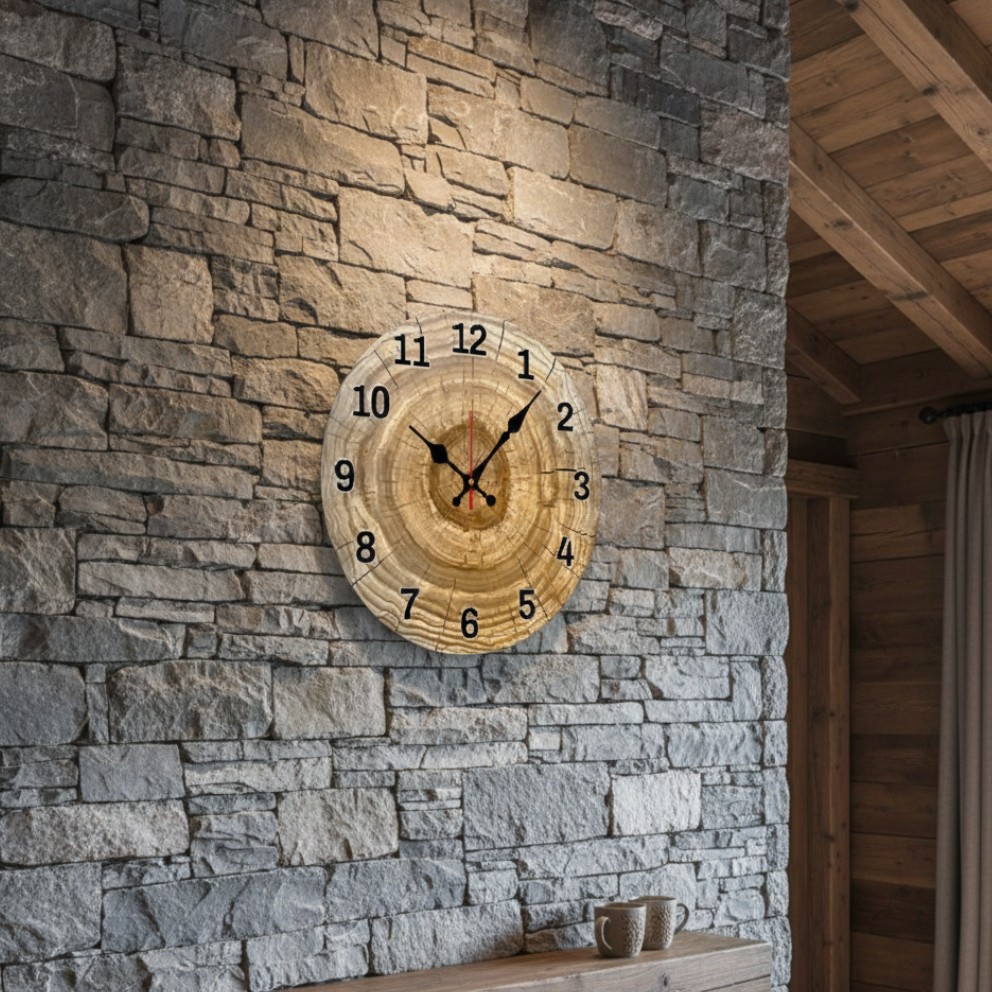 Horloge murale en bois motif tronc d’arbre, lisible et silencieuse – Dendro