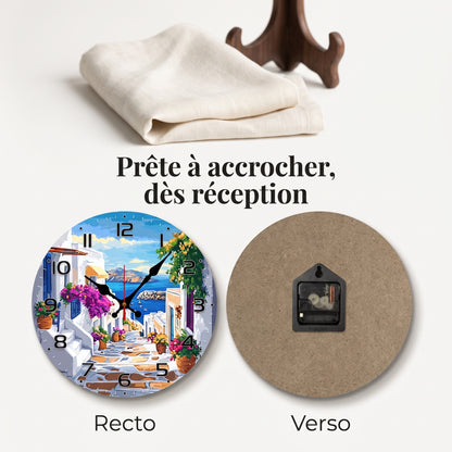 Horloge Murale Originale en Bois Motif Rue Méditerranéenne, Silencieuse et Décorative – Meridia