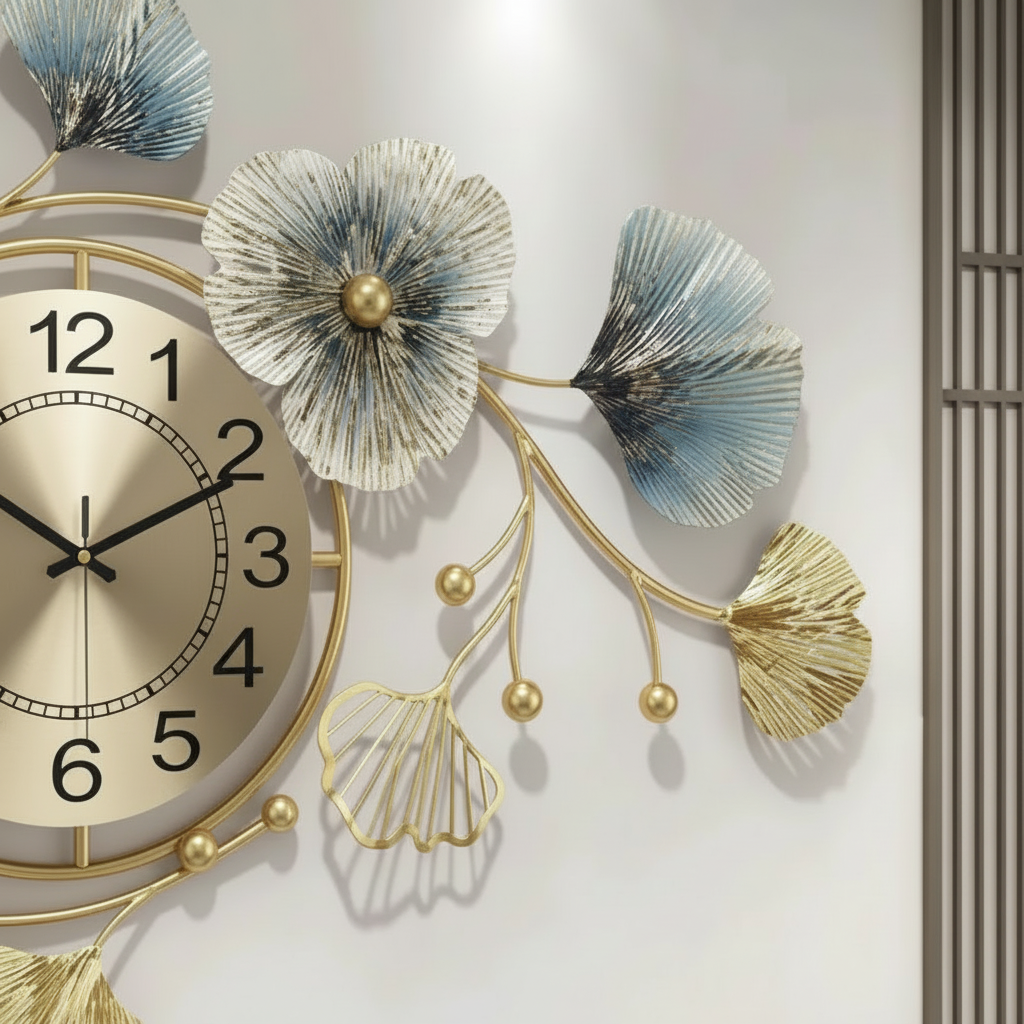 Horloge murale design en métal feuille de ginkgo, analogique et silencieuse - Floria