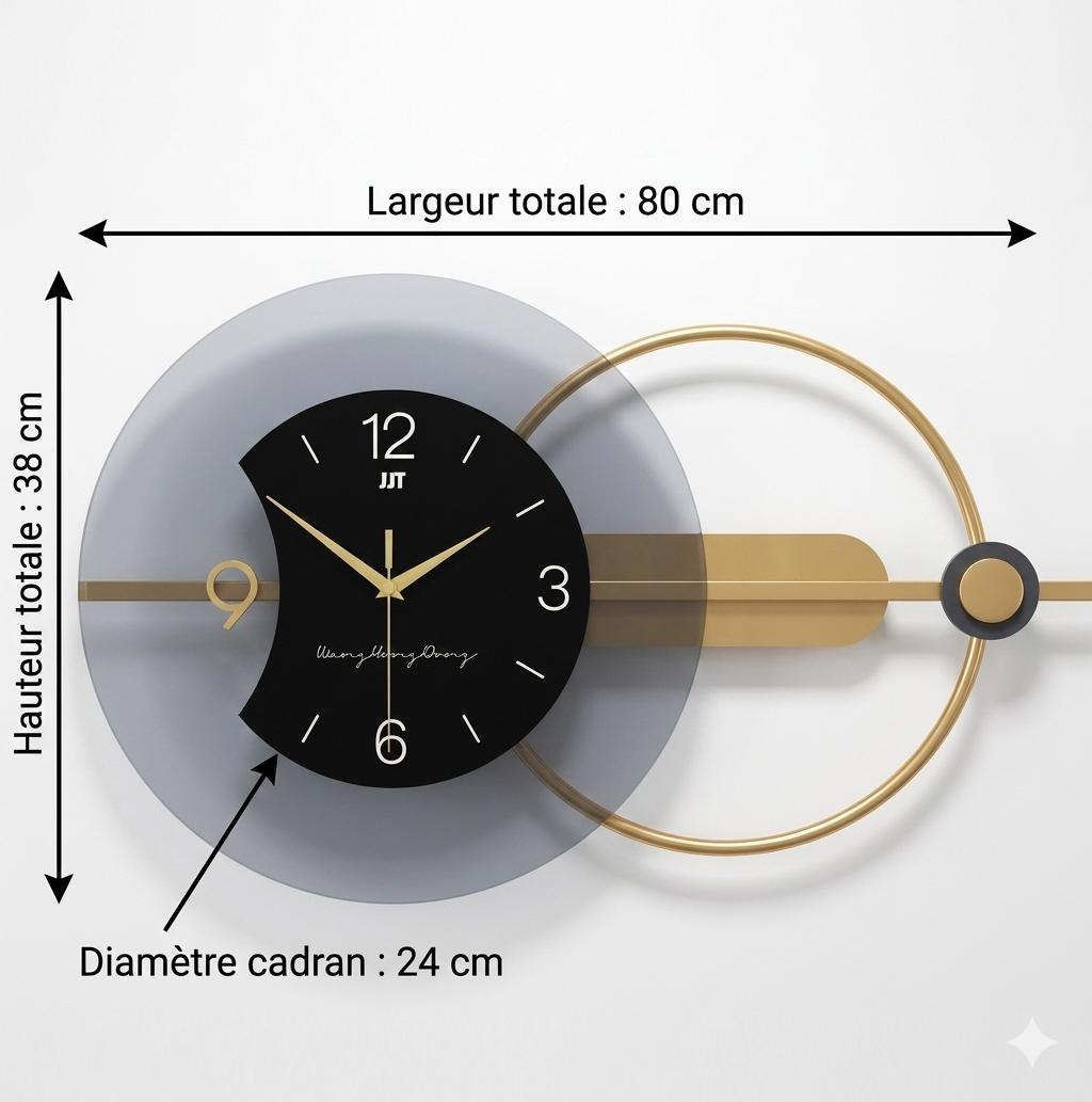 Horloge murale design en métal noir et or, analogique et silencieuse – Aurex