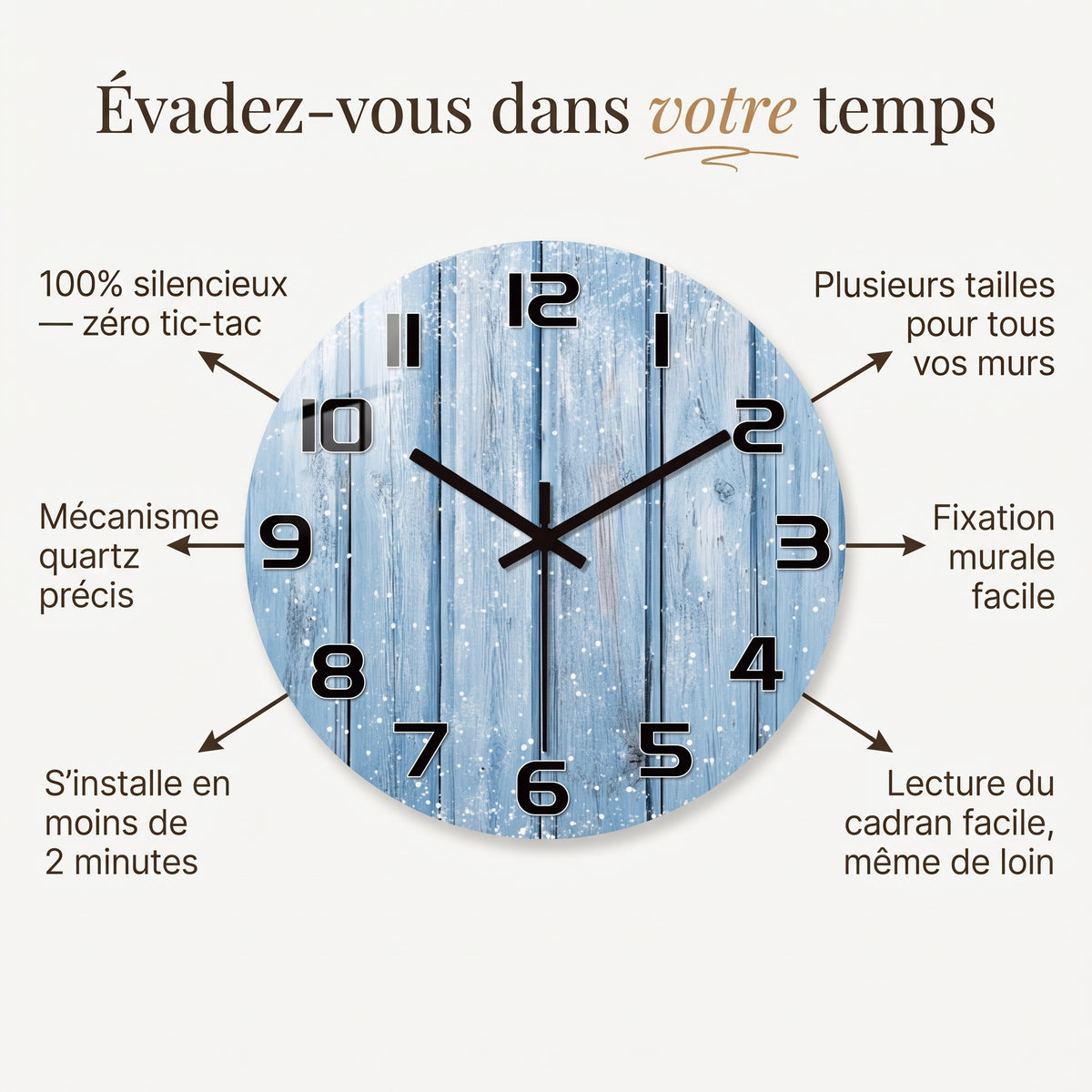 Horloge Murale Rustique en Bois Silencieuse, Flocons de Neige – Flocona