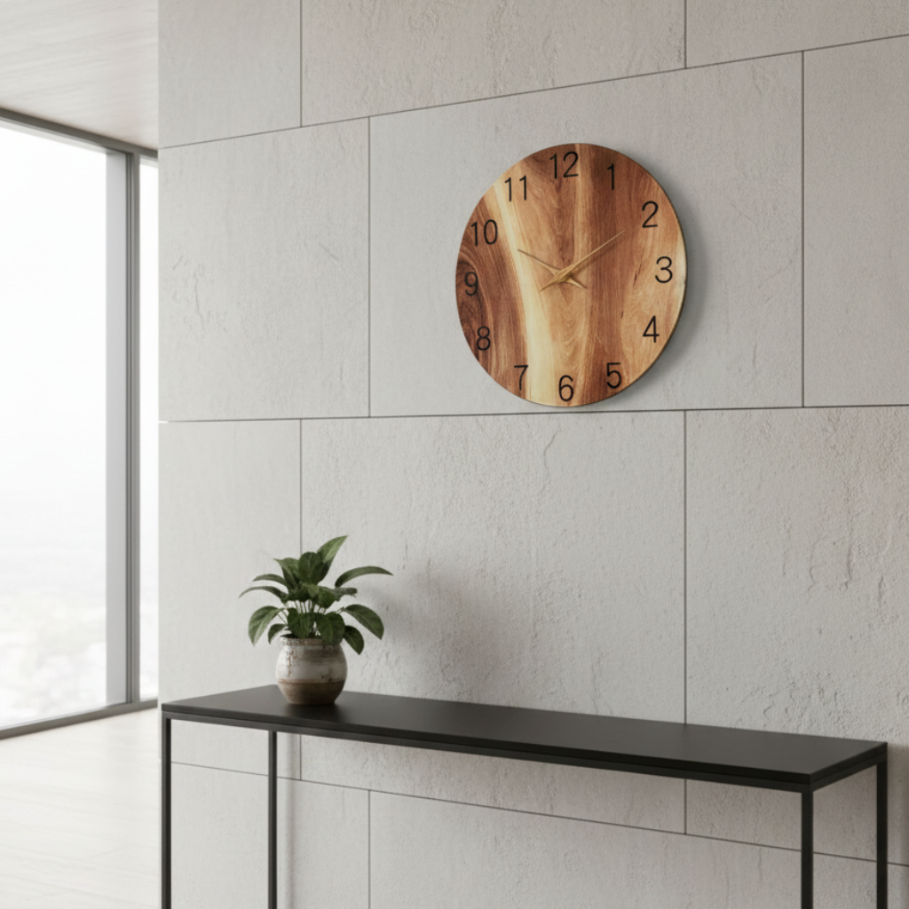 Horloge Murale Design Circulaire en Bois Veiné, Silencieuse et Verre Trempé – Auren