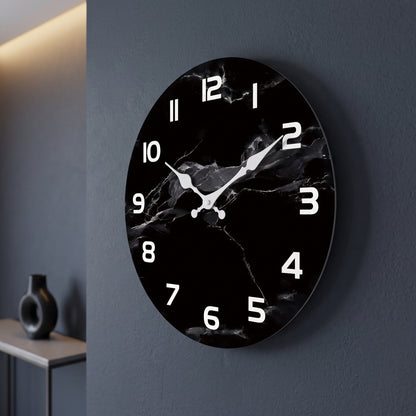 Horloge Murale Design en Bois Effet Marbre Noir, Silencieuse et Épurée – Onyxa