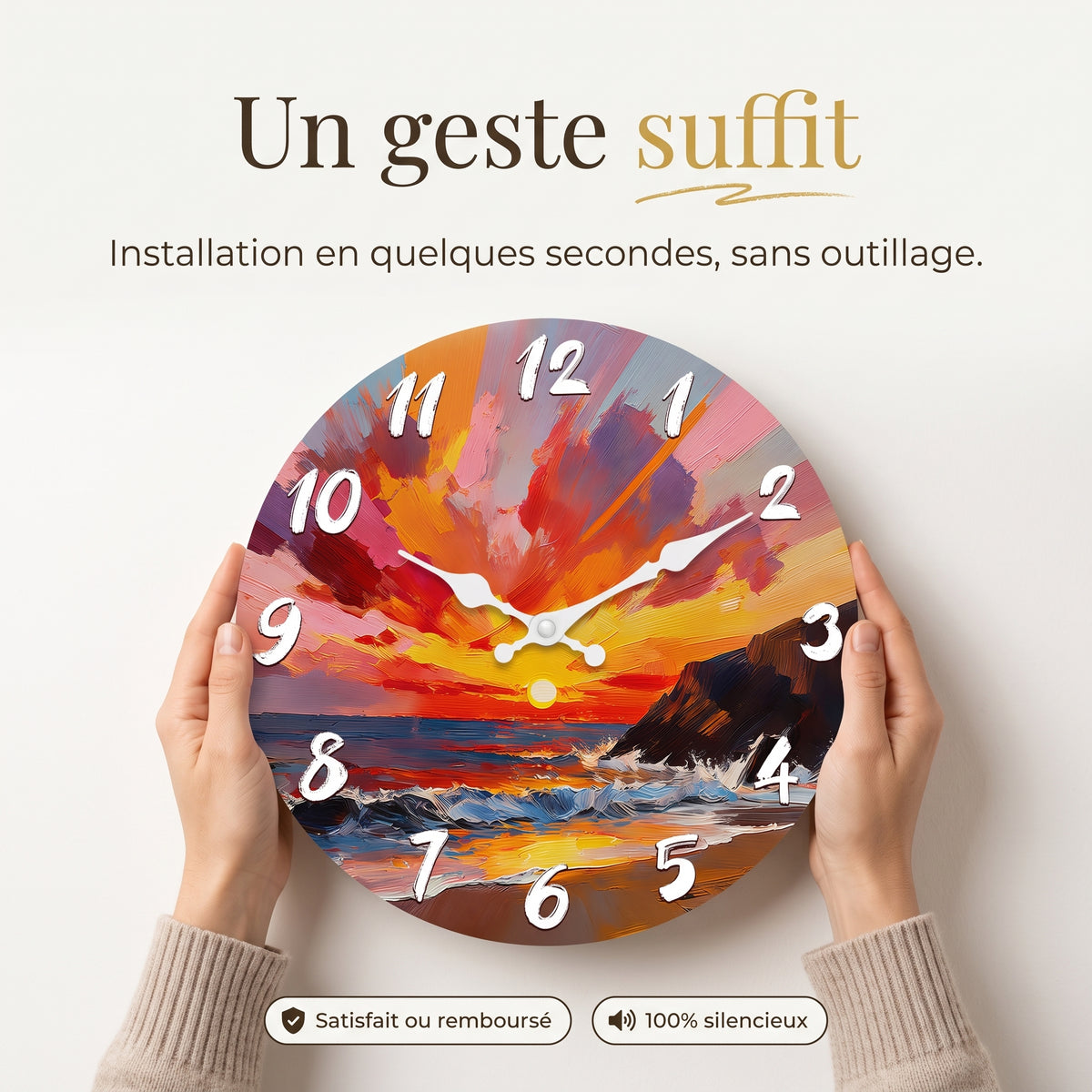 Horloge Murale en Bois Motif Coucher de Soleil Marin, Silencieuse – Horizéa