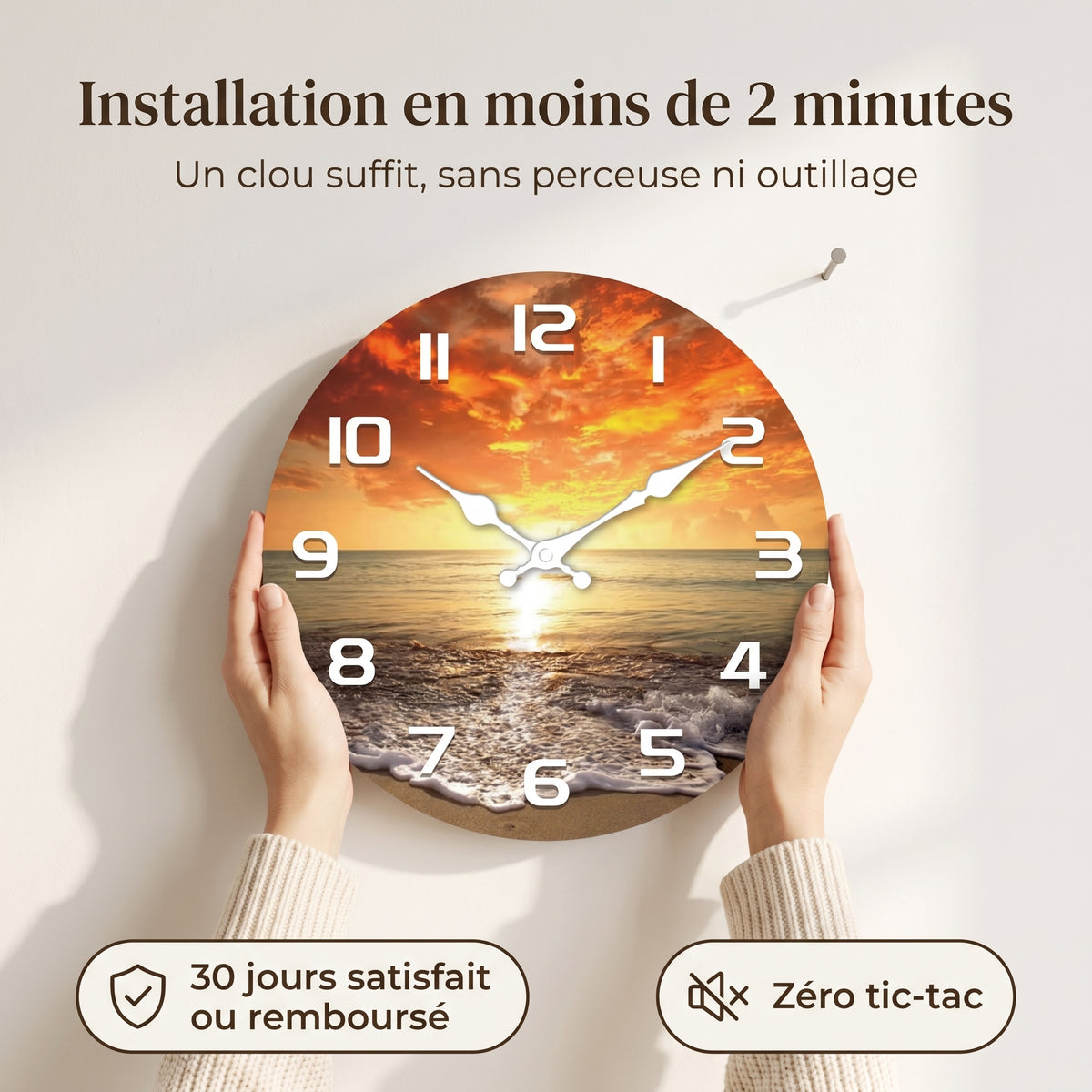 Horloge Murale Originale Plage et Coucher de Soleil en Bois, Silencieuse et Décorative – Sablonia