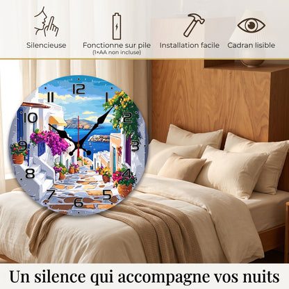 Horloge Murale Originale en Bois Motif Rue Méditerranéenne, Silencieuse et Décorative – Meridia