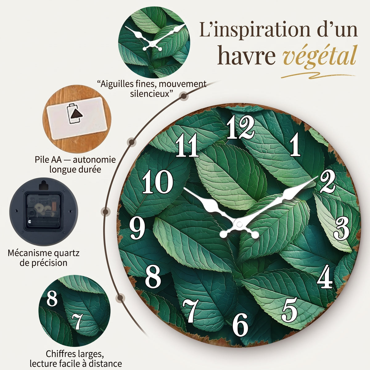 Horloge Murale Originale Motif Feuilles de Plantes, Silencieuse – Feuillia