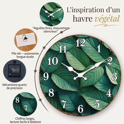Horloge Murale Originale Motif Feuilles de Plantes, Silencieuse – Feuillia