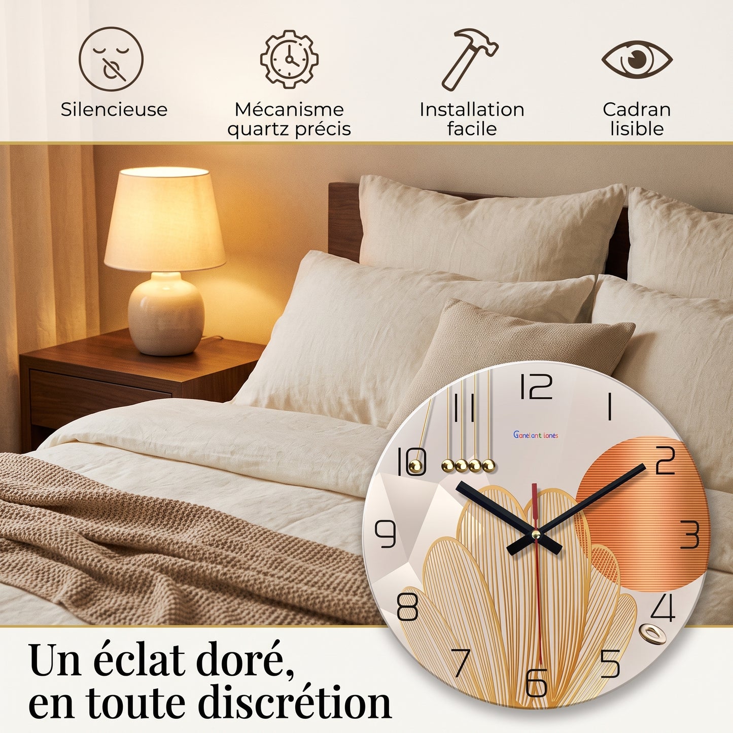 Horloge Murale Design Motif Géométrique en Verre Trempé, Silencieuse et Raffinée – Geordana