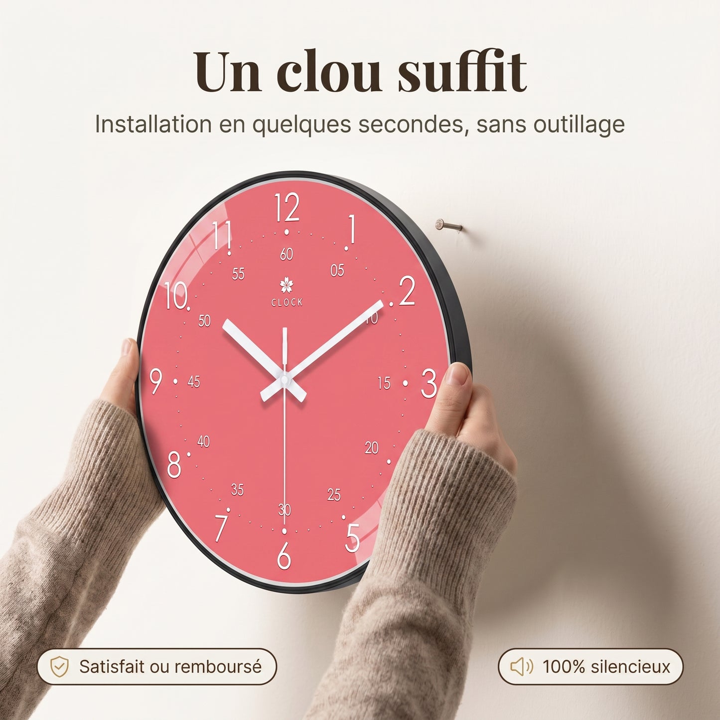 Horloge Murale Moderne Ronde en Plastique Rose, Silencieuse et Décorative – Rosalia