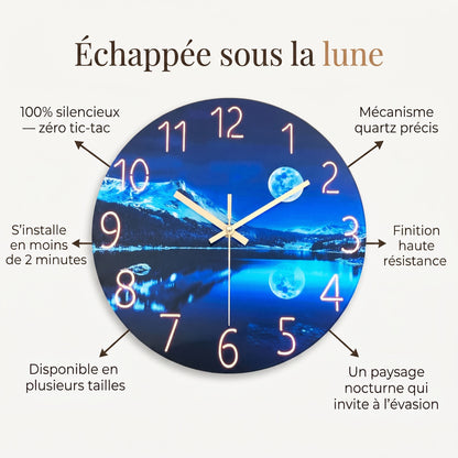 Horloge Murale Originale Lune Bleue et Lac Glacé, Silencieuse et Scénique – Lunéa