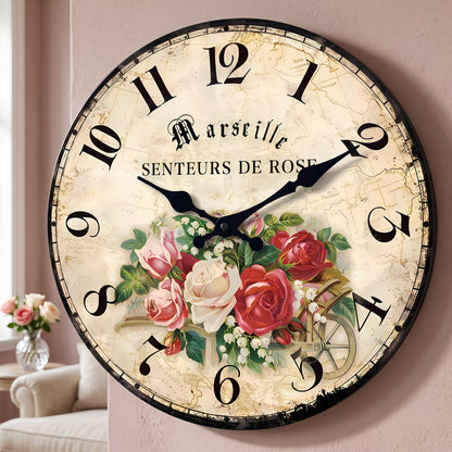 Horloge Murale Vintage Motif Rose en Bois et Bambou, Silencieuse et Romantique – Roséva