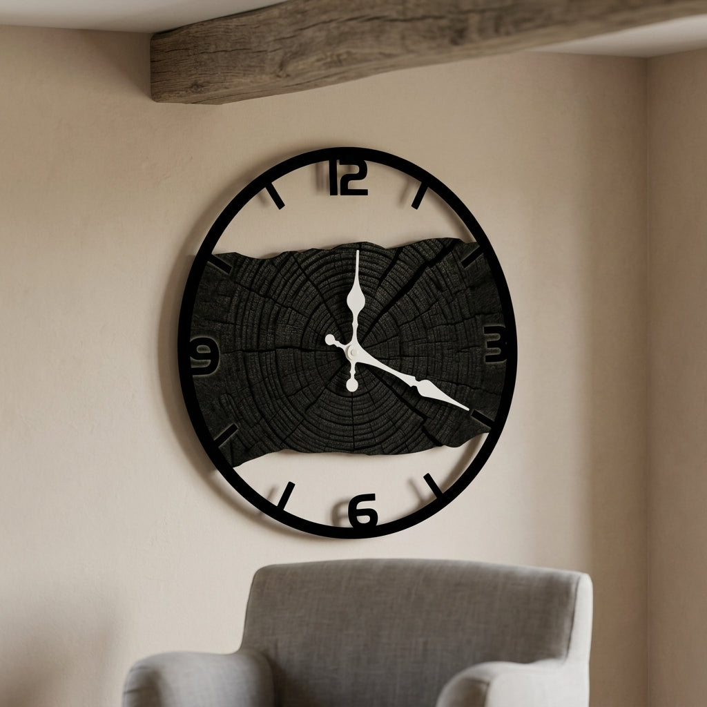 Horloge Murale en Bois Motif Cernes, Silencieuse et Rustique – Cernova
