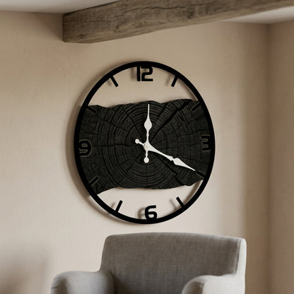 Horloge Murale en Bois Motif Cernes, Silencieuse et Rustique – Cernova