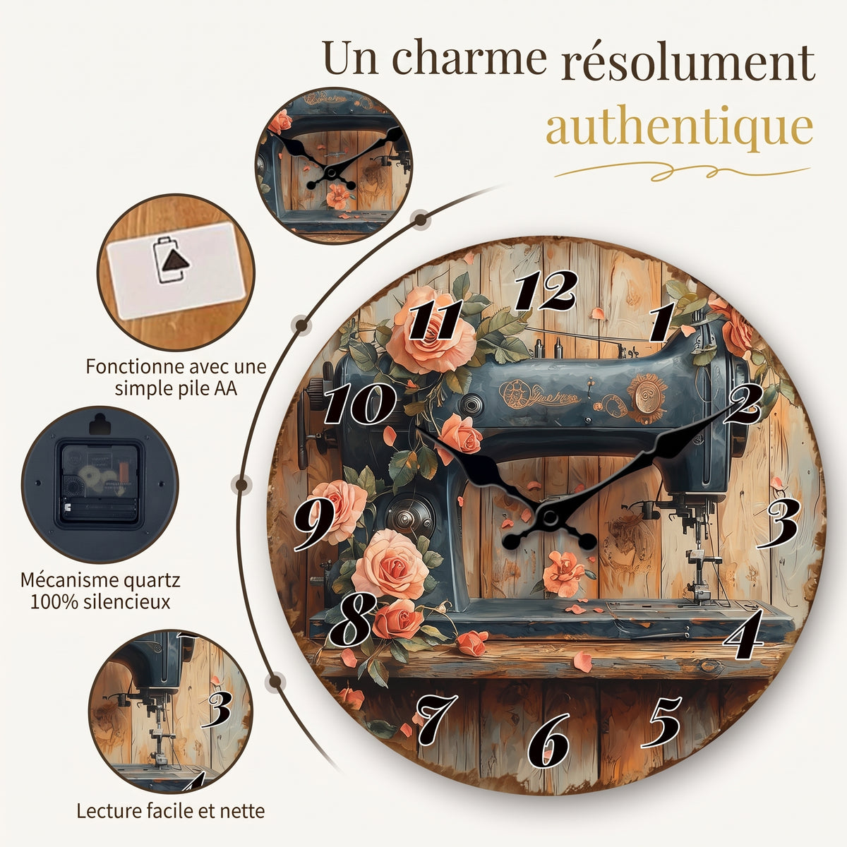 Horloge Murale Machine à Coudre Vintage et Roses, Silencieuse – Brocanta