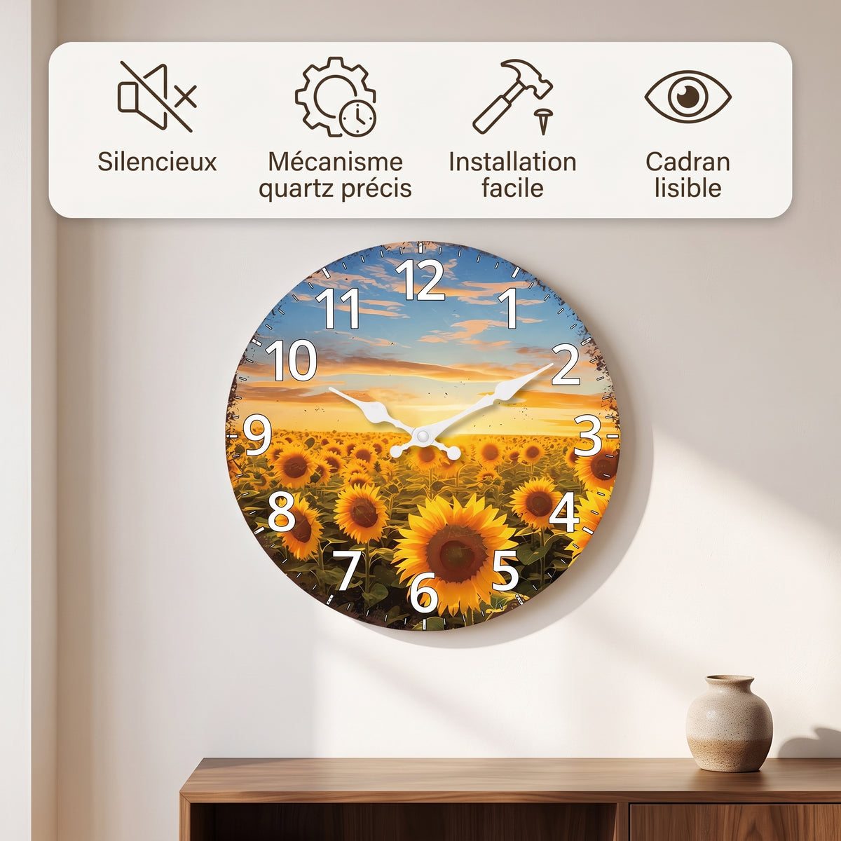 Horloge Murale Originale Jardin de Tournesols en Bois, Silencieuse et Décorative – Tournesia