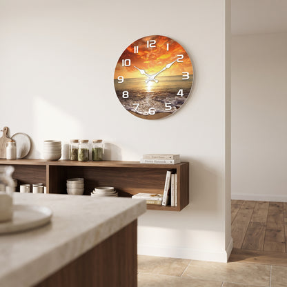 Horloge Murale Originale Plage et Coucher de Soleil en Bois, Silencieuse et Décorative – Sablonia