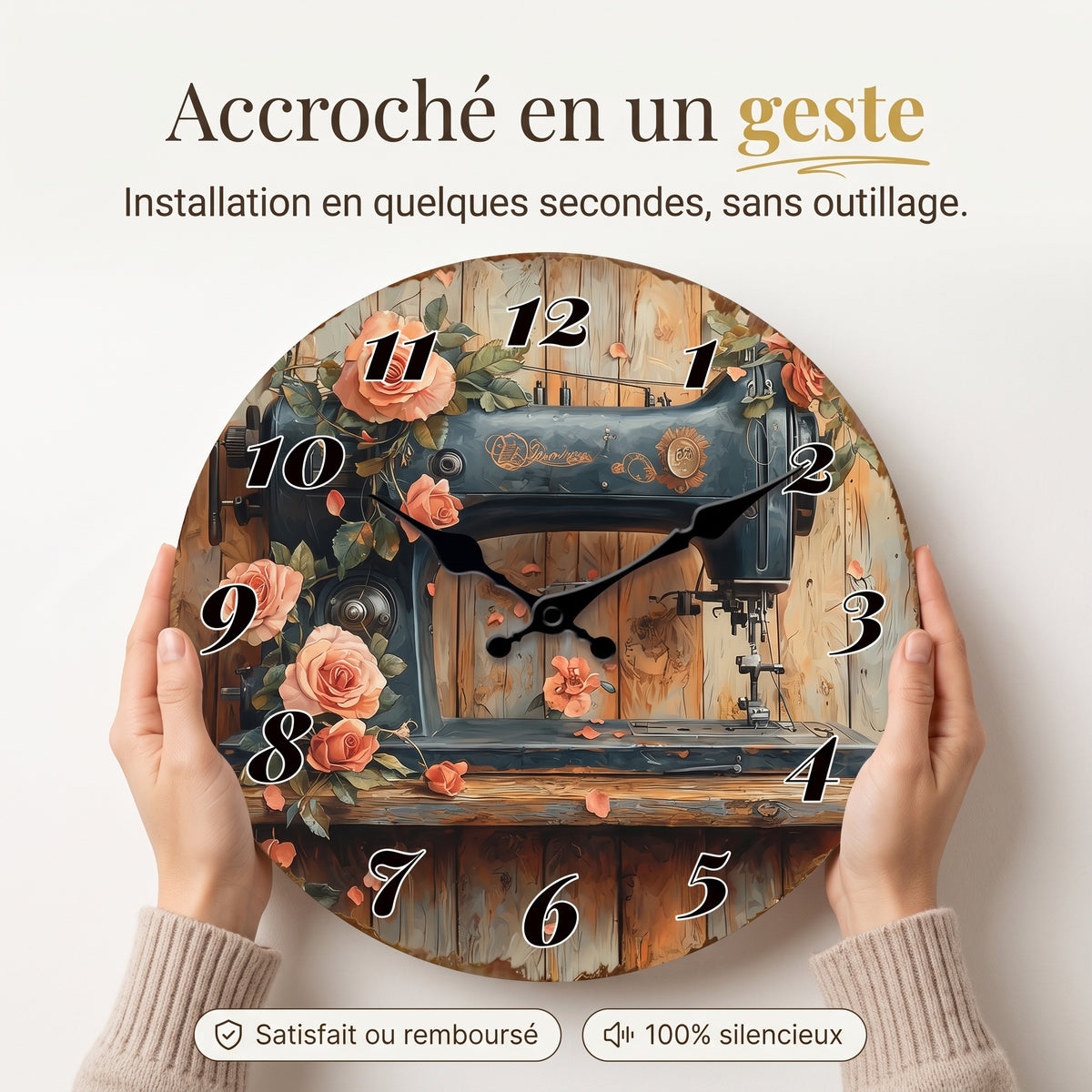 Horloge Murale Machine à Coudre Vintage et Roses, Silencieuse – Brocanta